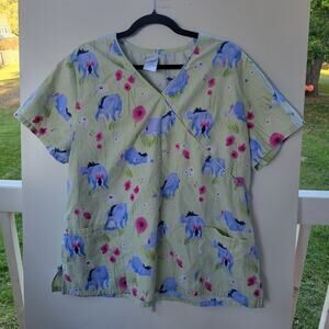 Disney Winnie the Pooh Eeyore Scrub Top XL Green Floral Print V-Neck Short...